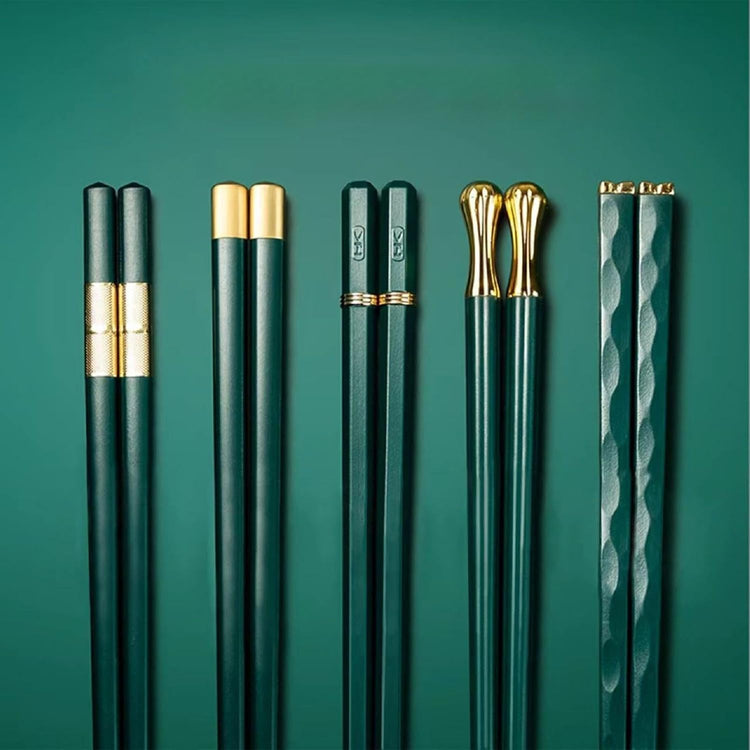 Random Mood Modern Design Chopsticks - Reusable, Dishwasher Safe, Non-Slip Fiberglass, Golden and Lucky Green Multi Style, 5 Pairs, 9.5in/24cm, Great for Chinese, Japanese, Korean Cuisine