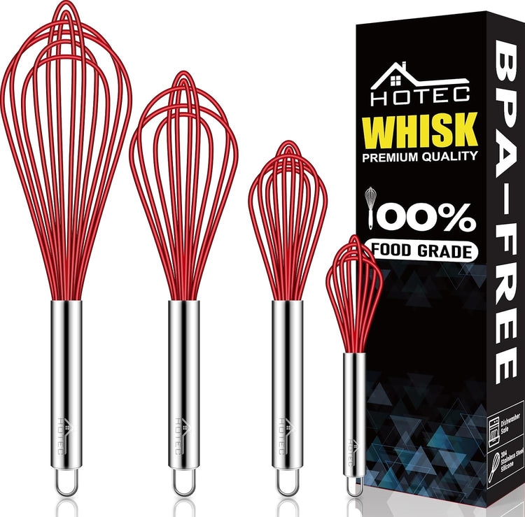 HOTEC 4 Pieces Silicone Whisks Set, Wire Balloon Whisks Egg Beater, Non-slip Handle Whisk for Non-stick Cookware Perfect for Cooking, Stirring, Beating and Blending (Red)