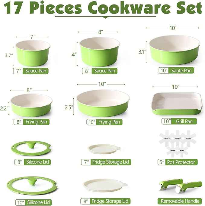 SENSARTE 17 Piece Ceramic Pots and Pans Set, Nonstick Detachable Handle Cookware, Induction Kitchen Cookware Set with Removable Handle, Dishwasher & Oven Safe (Green)