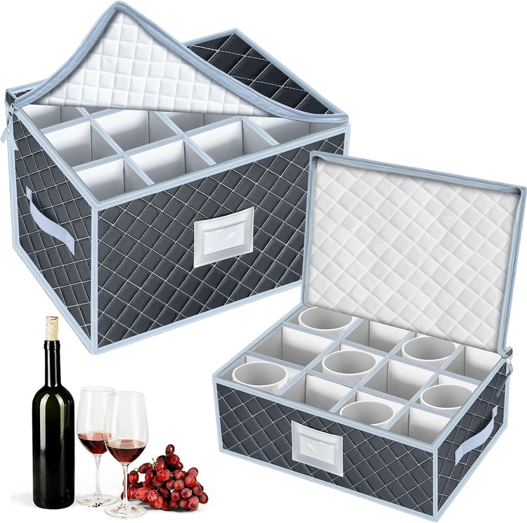 Wine Glass and Mug Storage Box with Dividers - 2 Pack China Storage Containers Set Holds 24 Glassware , Stemwareļ¼Coffee Mug and Tea Cup, Organizer Bin with Sturdy Metal Zipper,Label and Handles (Grey)