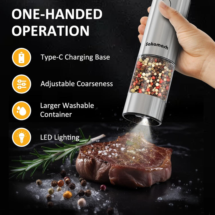 Electric Salt and Pepper Grinder Set USB Rechargeable Base, Stainless Steel Automatic Pepper and Salt Shakers with Adjustable Coarseness, LED Light, Ideal Gifts for Housewarming, Parents, Friends