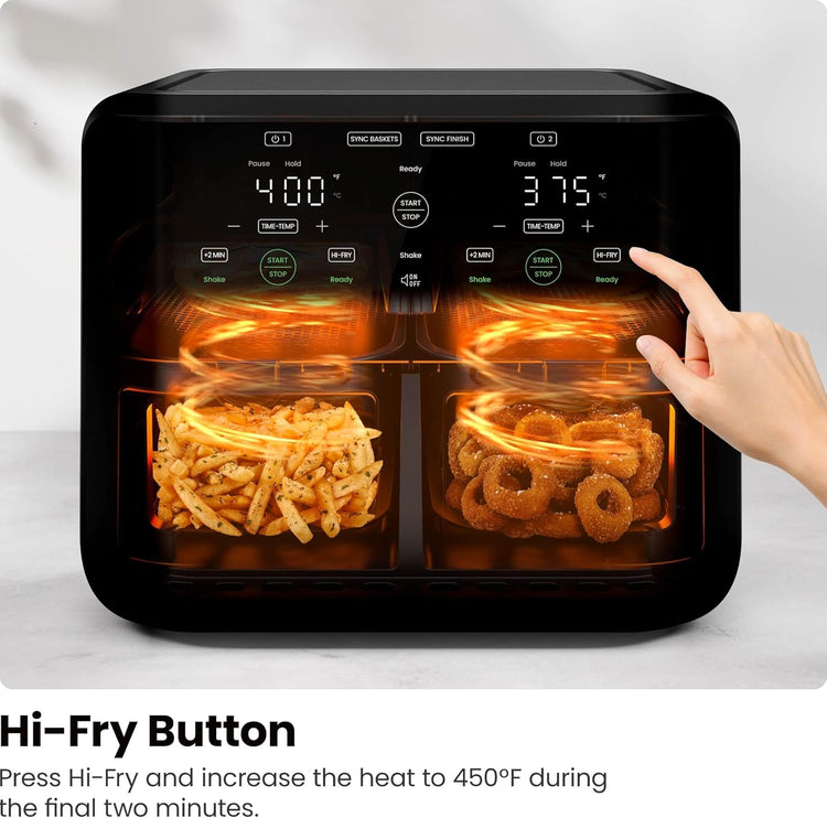 Chefman 6 Quart Dual Basket Air Fryer - Digital Touchscreen, Smart Sync Finish, Hi-Fry, Auto Shutoff, 2 Independent 3QT Nonstick Dishwasher-Safe Frying Baskets - Digital Double Air Fryer - Black