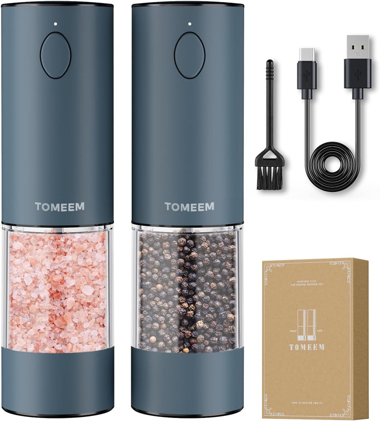TOMEEM Upgraded Larger Capacity Electric Salt and Pepper Grinder Set Rechargeable with LED lights, Stainless Steel Automatic Pepper and Salt Grinder Refillable with 5 Adjustable Coarseness Blue