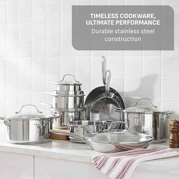 T-fal Gourmet 15-Piece Stainless Steel Cookware Set, Pots and Pans Cooking Set, Dishwasher Safe, Oven Safe to 500°F, Induction Compatible, Stock Pot, Sauce, Saute, Frying Pans, Silver