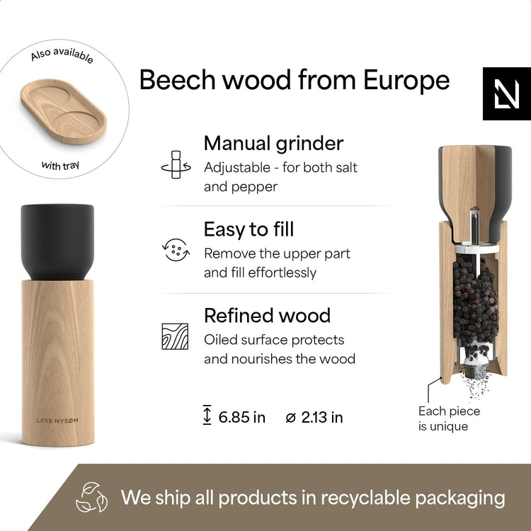 LARS NYSØM Wooden Salt and Pepper Grinder Set Manual - Salt and Pepper Mills with Adjustable Ceramic Grinder - Elegant Beechwood Pepper and Salt Mill Set for Dining Table (Carbon Black)