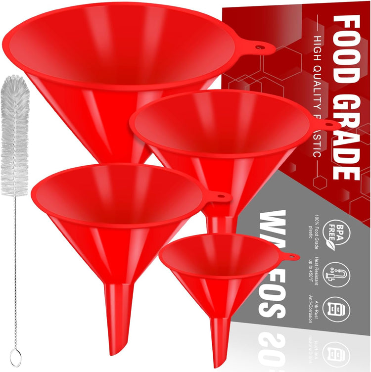 walfos 4pcs Kitchen Plastic Funnel (NO BPA),Automotive Funnel for Liquid Transfer,funnels for Filling Bottles, containers or Kitchen funnels for Laboratory use. red(4.7in&3.7in&2.7in&2in