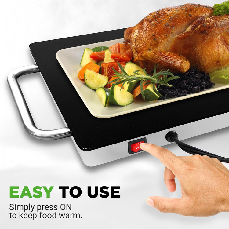 Nutrichef Electric Hot Plate Tray Dish Warmer with Black Glass Top | Ideal for Home, Buffet, Parties, Kitchen & Dinners | Portable & Perfect for Tables or Countertops | 14.5'' L x 8.6'' W