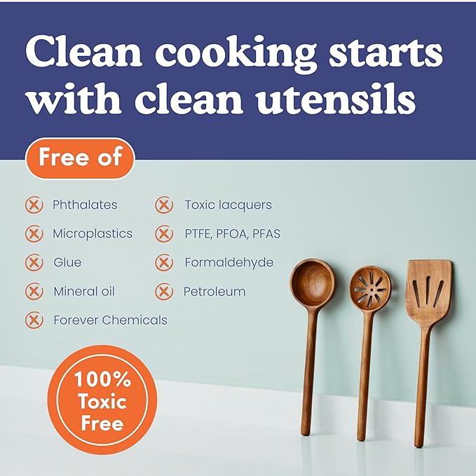 Non-Toxic Cooking Utensils โ 6-Piece Kitchen Utensils Set, Glue-Free & One-Piece Wooden Spoons for Cooking, Natural Wooden Utensil Set with Plant-Based Finish, Free of Forever Chemicals