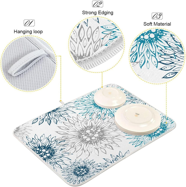 Abstract Flowers Sunflowers Dish Drying Mat for Kitchen Counter Absorbent Microfiber Drying Pad, Large 18x24 in, Blue White Reversible Drainer Mats