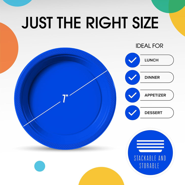 Exquisite Party Solids Dark Blue Plastic Plates For Party 7" Dark Blue Disposable Plates Heavy Duty Supplies 100 Pcs Plastic Dinnerware Sets Heavy Duty 350 GSM Disposable Dinnerware Set