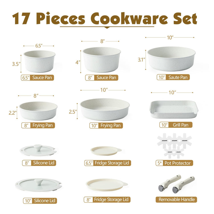 17 Piece Nonstick Detachable Handle Pots and Pans Set White