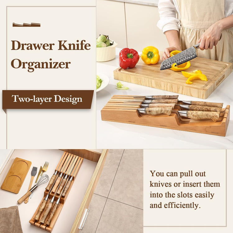 HEZHEN 7-slot Cherry Wood In-drawer Knife Tray,Kitchen Storage Organization Organizer Insert,Saves Countertop Space