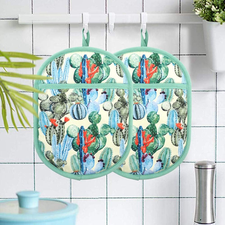 Pot Holders Set of 2 with Transparent Clear Silicone Shell and Nice Cactus Flower Cotton Lining, Heat Resistant to 500 F Kitchen Oven Gloves Pot Holder for Cooking (Cactus Flower, Potholders)