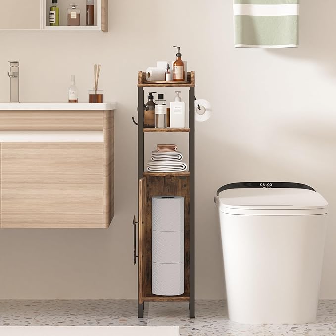 VECELO Small Bathroom Cabinet, Slim Toilet Paper Holder with Door&2 Shelves Metal Racks, Narrow Storage Organizers, Free Standing Farmhouse Style for Bathroom Restroom Tiny Space,Dark Brown