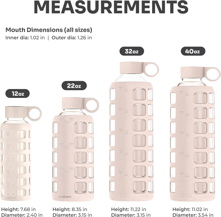 purifyou 40oz / 32oz / 22oz / 12oz Borosilicate Glass Water Bottle with Time & Volume Markers, Silicone Sleeve, Stainless Steel Lid – Reusable Glass Bottle for Water & Juice (12oz Pearled Ivory)