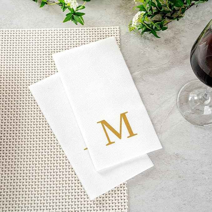Luxenap 15.8 X 7.9 Inch Linen-Feel Guest Towels, 2000 Lettered Hand Towels - Gold Letter 'M', Sans Serif Font, White Paper Dinner Napkins, airlaid, For Restrooms And Tables