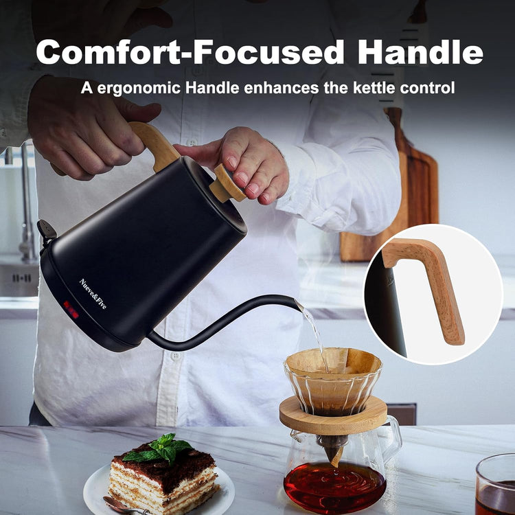 Nueve&Five Gooseneck Electric Kettle with Thermometer, Black Electric Kettle 1L with Auto Shut-Off,1000W Hot Water Kettle of Stainless Steel, Pour Over Kettle for Coffee & Tea