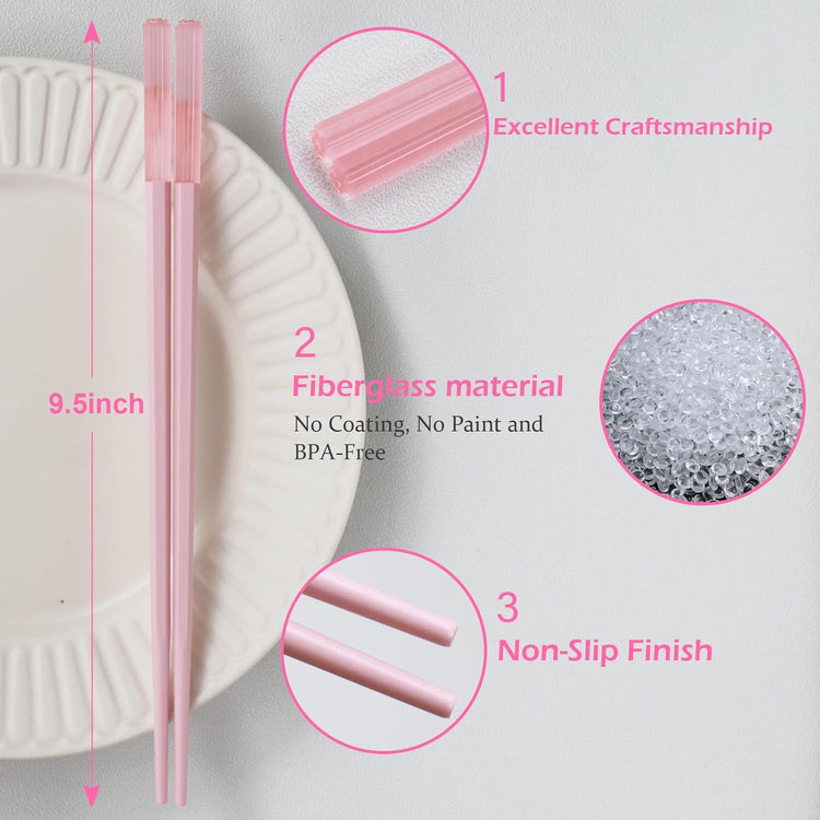 Chopsticks Reusable Dishwasher Safe, GLAMFIELDS 10 Pairs 9.5 Inches Premium Fiberglass Chop Sticks Set for Sushi, Ramen, Asian Cuisine, Non-slip, Pink