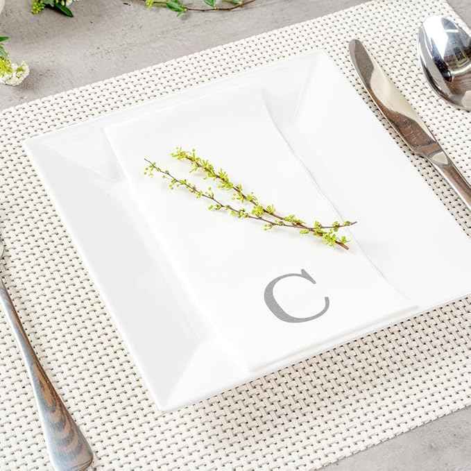 Luxenap 15.8 X 7.9 Inch Linen-Feel Guest Towels, 50 Lettered Hand Towels - Silver Letter 'C', Sans Serif Font, White Paper Dinner Napkins, airlaid, For Restrooms And Tables - Restaurantware