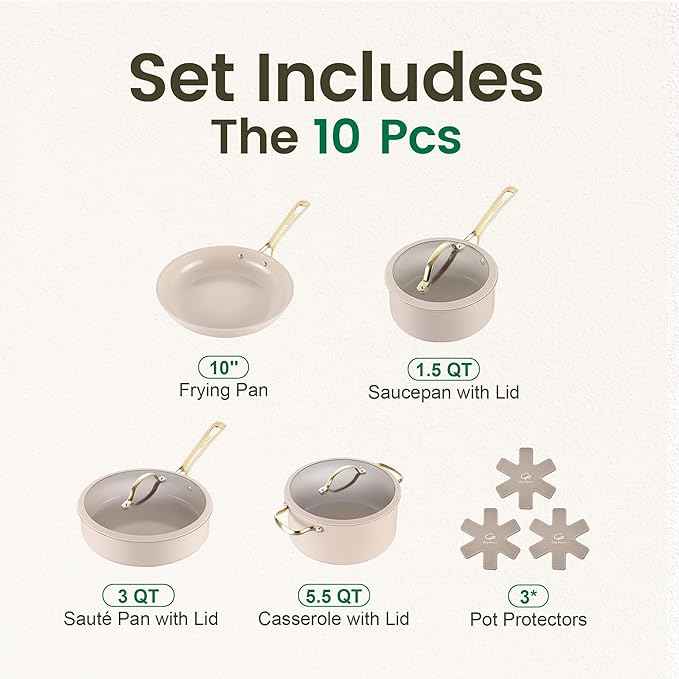 Chef Power Ceramic Cookware Sets, 10Pcs Pots and Pans Set Non Stick, Cookware Set with Stainless Steel Handle, Dishwasher & Oven Safe, Taupe and Light Gold Handle