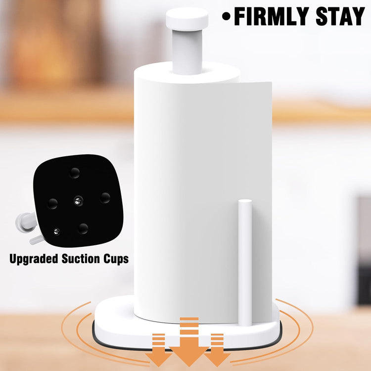 Paper Towel Holder Countertop, Standing Paper Towel Roll Holder for Kitchen Bathroom Organize, Stand with Weighted Base Suction Cups, Stainless Steel One-Handed Operation (White)