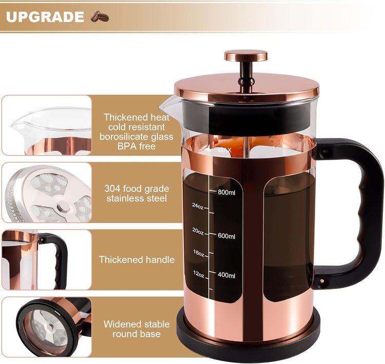 French Press Coffee Tea Maker, Upgrade Heat Cold Resistant Thickened Glass with 4 Level Stainless Steel Filtration System Brew Coffee & Tea, BPA Free, Large 1000ml 34oz,Rose Gold