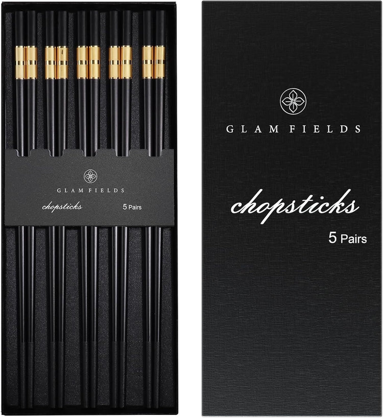 GLAMFIELDS 5 Pairs Premium Chopsticks Reusable Dishwasher Safe 9.5 Inch Fiberglass Chop Sticks Gift Set Non Slip Black+Gold