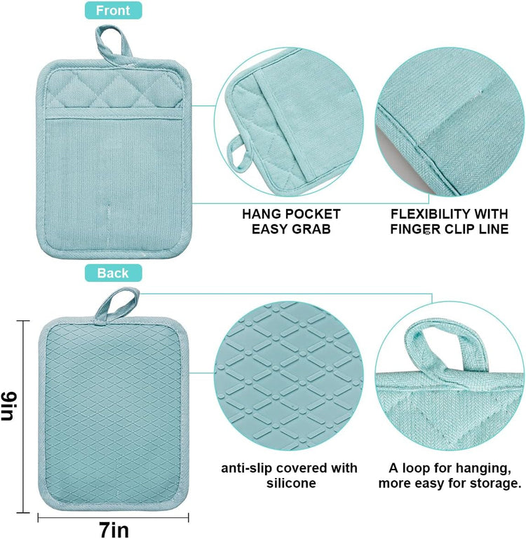 Pot Holders Yarn-Dyed Set of 3 Non Slip Silicone Kitchen Lines Heat Resistant 500℉ Kitchen Gloves BBQ Cooking Baking Cooking Barbecue Microwave Machine Washable (Light Blue Potholders)