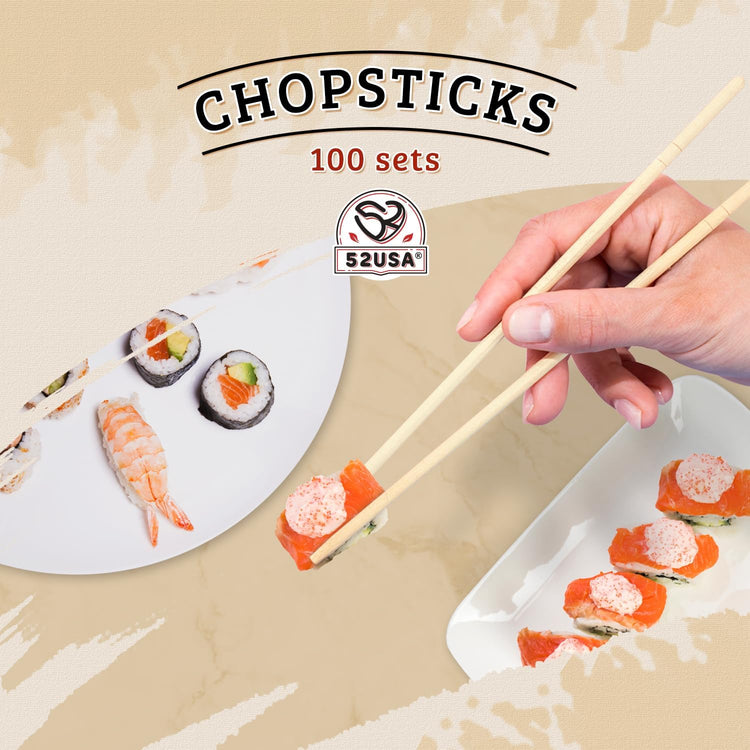52USA Disposable Bamboo Chopsticks (100 Sets), 9'' Long Individually Wrapped Chinese Chopsticks Wooden Clear Bag Bulk