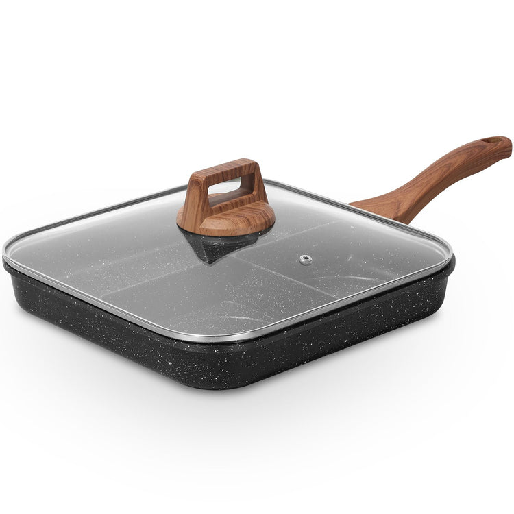 Nonstick Divided Grill Pan with Lid & Tongs for Stove Tops