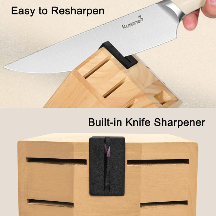 Kuisine Chef Knife Set,High Carbon Stainless Steel Block Knife Set,Knife Block Set with Built-in Sharpener,Sharp Knife Set Forged,Elegant Gift(Ivory,15pcs)