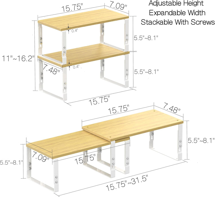 Expandable Kitchen Cabinet Organizer Shelves – Stackable Adjustable Metal and Wood Storage Racks for Countertop, Pantry, Garage Set of 2 Spice Rack – Easy Assembly, Space-Saving(2 Packs/Large/White)