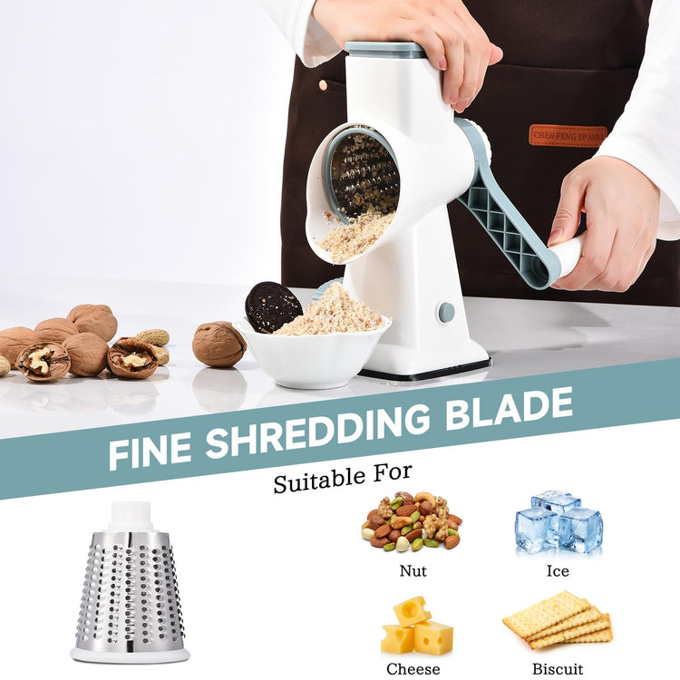 Rotary Cheese Grater with Handle Kitchen Shredder Slicer Grater Slicer Ice Shaver Cheese Vegetable Nuts Potato Zucchini Chocolate 3 Interchangeable Blades