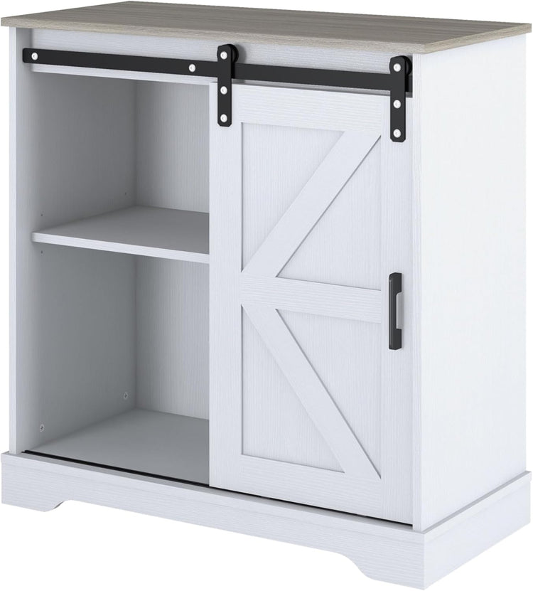 Panana Sliding Barn Door Buffet Sideboard Storage Cabinet Coffee Bar Kitchen Farmhouse Style (White Cabinet Nature Top)