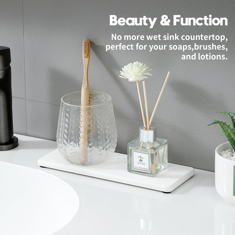 2PCS Bathroom Sink Trays, Water Absorbing Diatomite Stone Quick Drying Mat for Kitchen Counter, Dish Rack Soap Dispenser Sponge Holder Caddy Vanity Organizer, White, 9"x3.5"