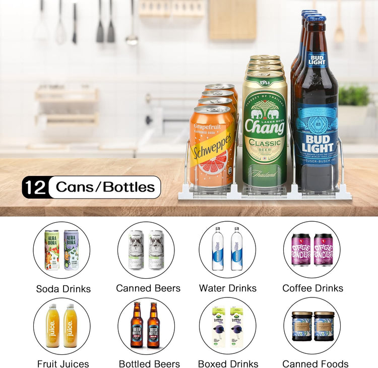 Soda Can Dispenser for Refrigerator - 3 Row Automatic Pusher Glide, Fridge Bottle Rack Drink Organizer, Self-Pushing Width Adjustable Beverage Storage Holds Up to 12 Cans (12.2inch, White)