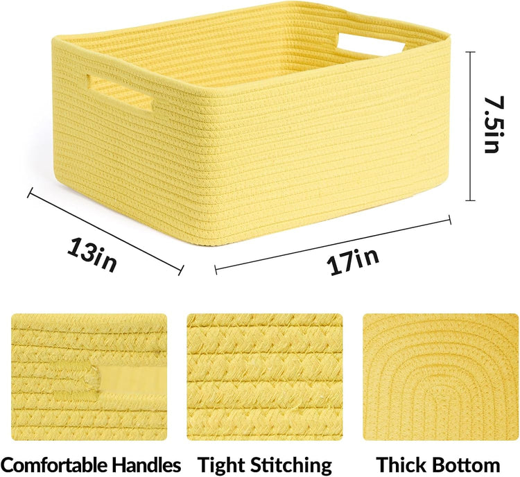 Large Storage Baskets for Shelves, Closet Organizers Bins for Clothes Blanket Towels, Baby Nursery, Toy Baskets Box, Woven Rope Baskets, 17 x 13 x 7.5”, 2 Packs Yellow
