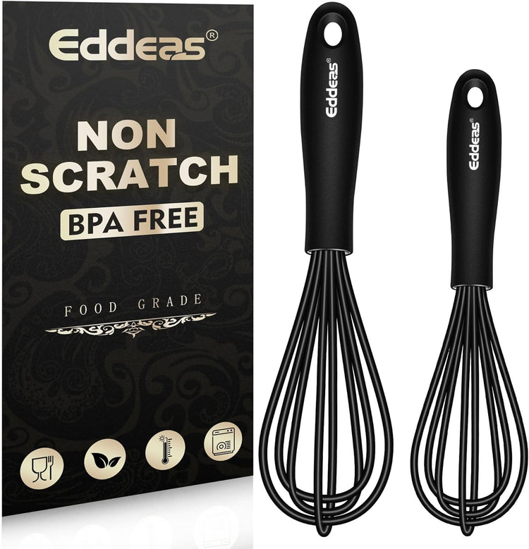 Silicone Mini Whisk, Small whisks Non-Stick Tiny Whisks set of 2(5.5in & 7.5in)-Heat Resistant (450°F) Whisks, Balloon Egg Beater Perfect for Whisking, Beating, Mixing, Blending, Black