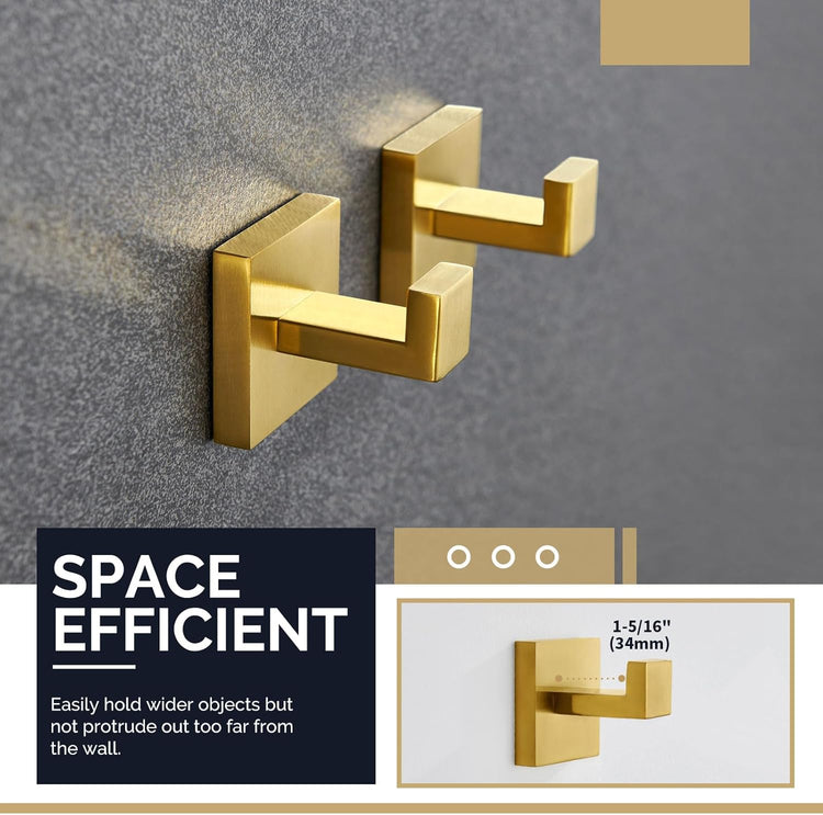 Angle Simple Towel Hook Brushed Gold 2 Pack, 304 Stainless Steel Square Robe Hook for Bathroom