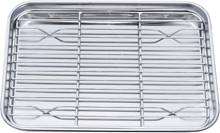 TeamFar Toaster Oven Pan Tray with Cooling Rack, Stainless Steel Toaster Ovenware Pan, Compact 8''x10''x1'', Healthy & Non Toxic, Rust Free & Easy Clean - Dishwasher Safe
