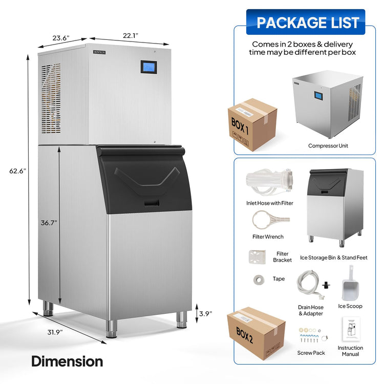 400LBS 24H Commercial Ice Maker with 300LBS Storage Bin