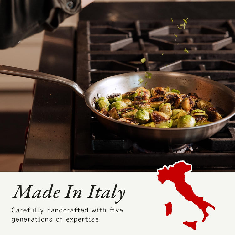 Cookware - 12-Inch Stainless Steel Frying Pan With Lid - 5 Ply Stainless Clad - Professional Cookware - Crafted in Italy - Induction Compatible