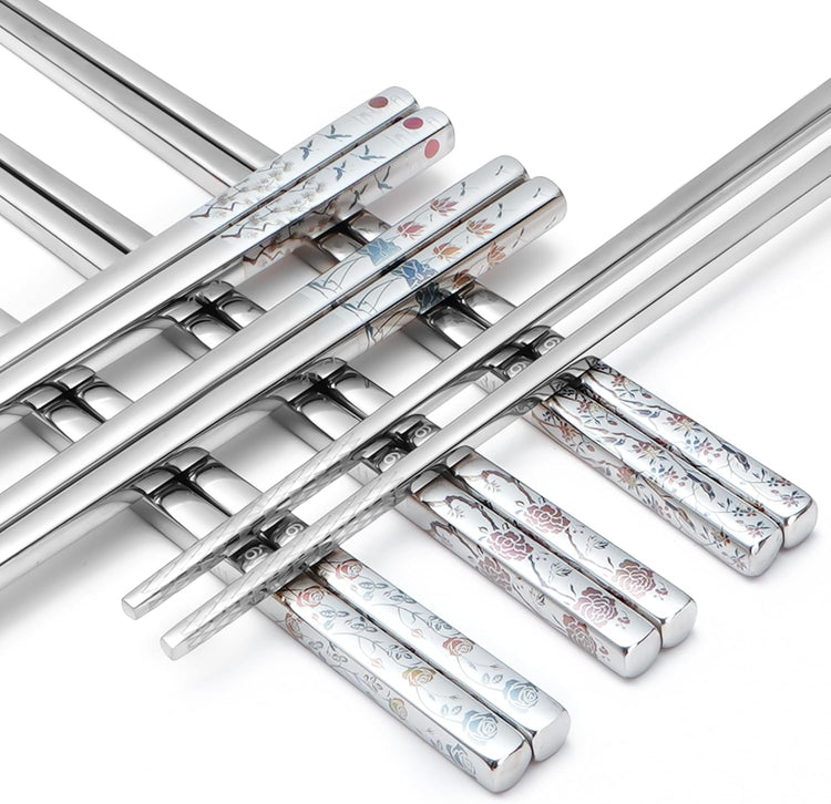 Stainless Steel Chopsticks, Titanium Plated Metal Chopsticks, 9.8" Premium Japanese Korean Color Laser Engraved Cooking Chop Sticks, Dishwasher Safe, Reusable, Anti-slip, Anti-scald, 5 Pairs Gift Set