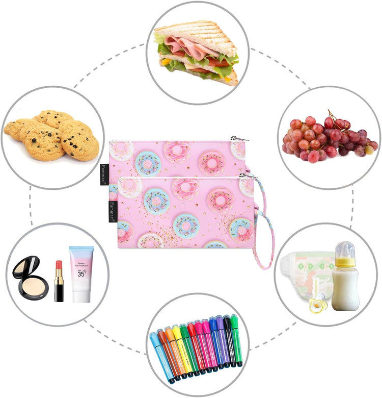Reusable Sandwich Bag/Snack Bag for Kids & Adults, Dual Layer Lunch Bag with Handle, Washable, Food Safe, BPA Free (2-Pack, Colorful Donut)