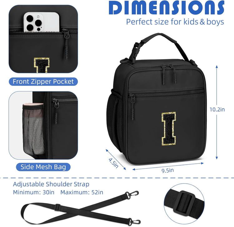 Initial Insulated Lunch Bag for Boys Kids, Back to School Gift, Reusable Leak-proof Lunch Box with Adjustable Strap for School Daycare Travel Picnic(Black,I)