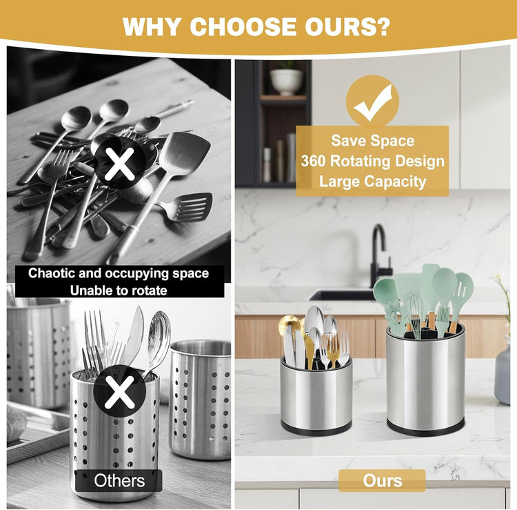 2Pack Kitchen Utensil Holder Set - 360° Rotating Stainless Steel Large Cooking Utensil Stand for Counter, 3 Compartment Flatware Caddy with Removable Base for Knife, Fork & Spoon Organizer - Sliver