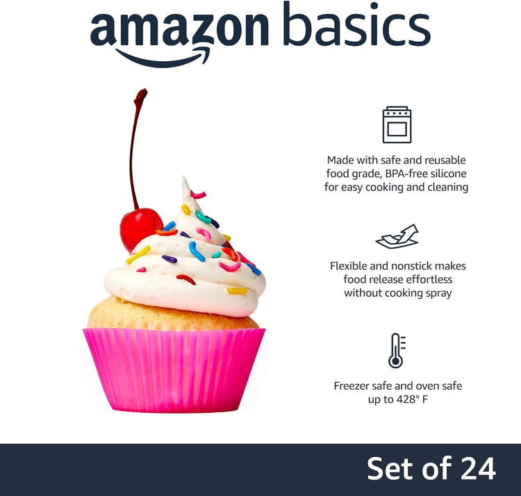 Amazon Basics Reusable Silicone Baking Cups, Non-Stick, BPA Free, Dishwasher Safe, 2.9 x 2.9 x 1.3 in (LxWxH), Multicolor, Pack of 24