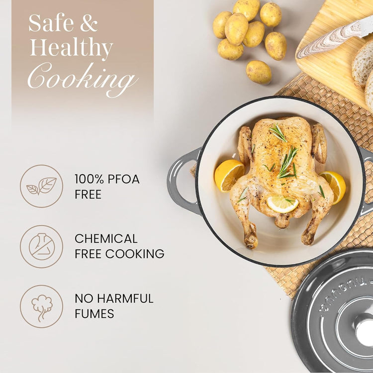Nuovva Enamelled Cast Iron Dutch Oven Pot with Lid – 6.4 Quart Non Stick Casserole Pot – Heavy Duty & Oven Safe up to 500° F for Bread Baking, Braising, Stews, Roasting – 28cm Grey - Nestoria