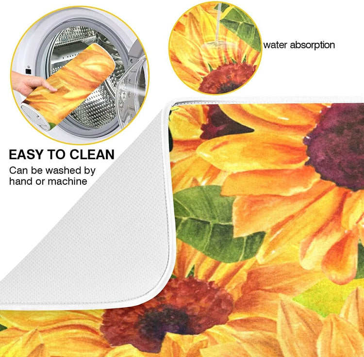 Super Absorbent Dish Drying Mat, Microfiber Fast-Drying Dish Mat, 16" x 18", Kitchen Dish Drying Pad, Sunflowers And Green Blue Butterflies