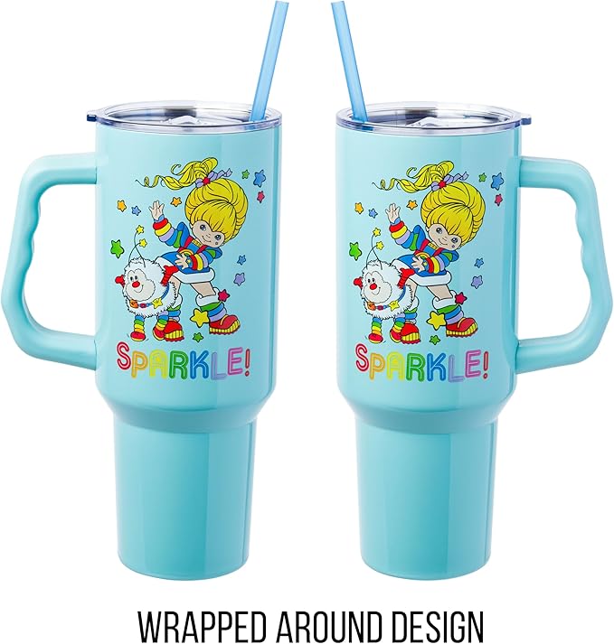 Silver Buffalo Rainbow Brite and Twink Sparkle Stainless Steel Tumbler with Handle and Straw, Fits in Standard Cup Holder, 40 Ounces (Pack of 12)